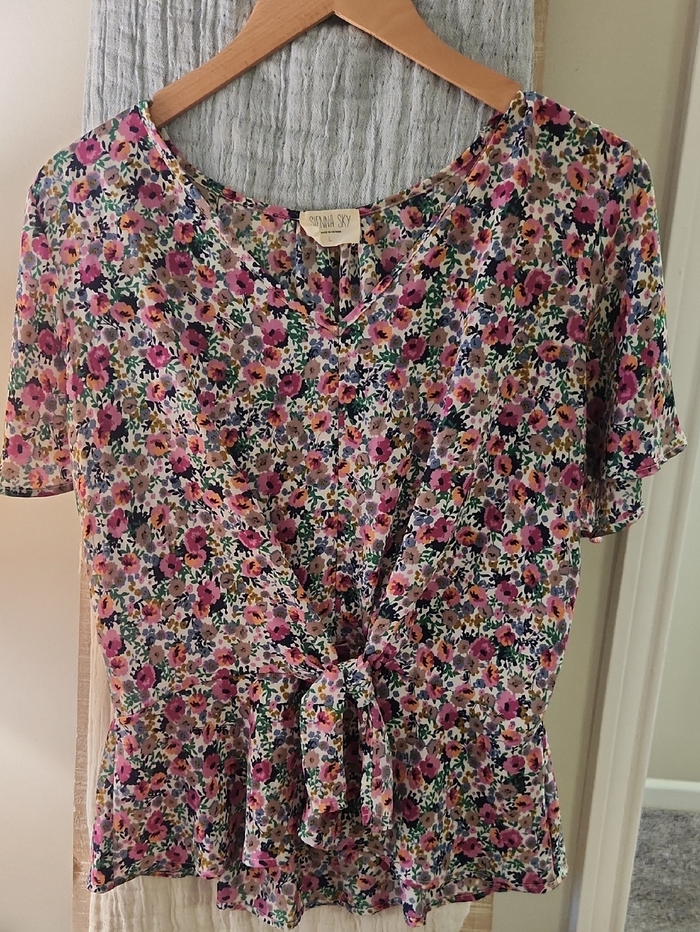 Sienna Sky Pink Multicolor Floral Tie-Waist Peplum Blouse